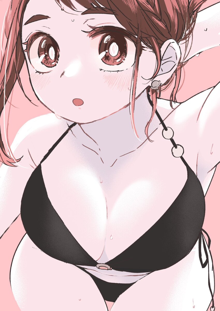 1girl, :o, alternate_hairstyle, arm_behind_head, arm_up, armpits, bikini, black_bikini, boku_no_hero_academia, breasts, brown_eyes, brown_hair, cleavage, collarbone, commentary_request, from_above, hair_behind_ear, halterneck, highres, large_breasts, light_blush, looking_at_viewer, looking_up, medium_hair, o-ring, o-ring_bikini, open_mouth, parted_lips, pink_background, planet_earrings, saburou_(326xxx1), side-tie_bikini_bottom, simple_background, single_sidelock, solo, string_bikini, sweat, swept_bangs, swimsuit, thigh_gap, thighs, uraraka_ochako