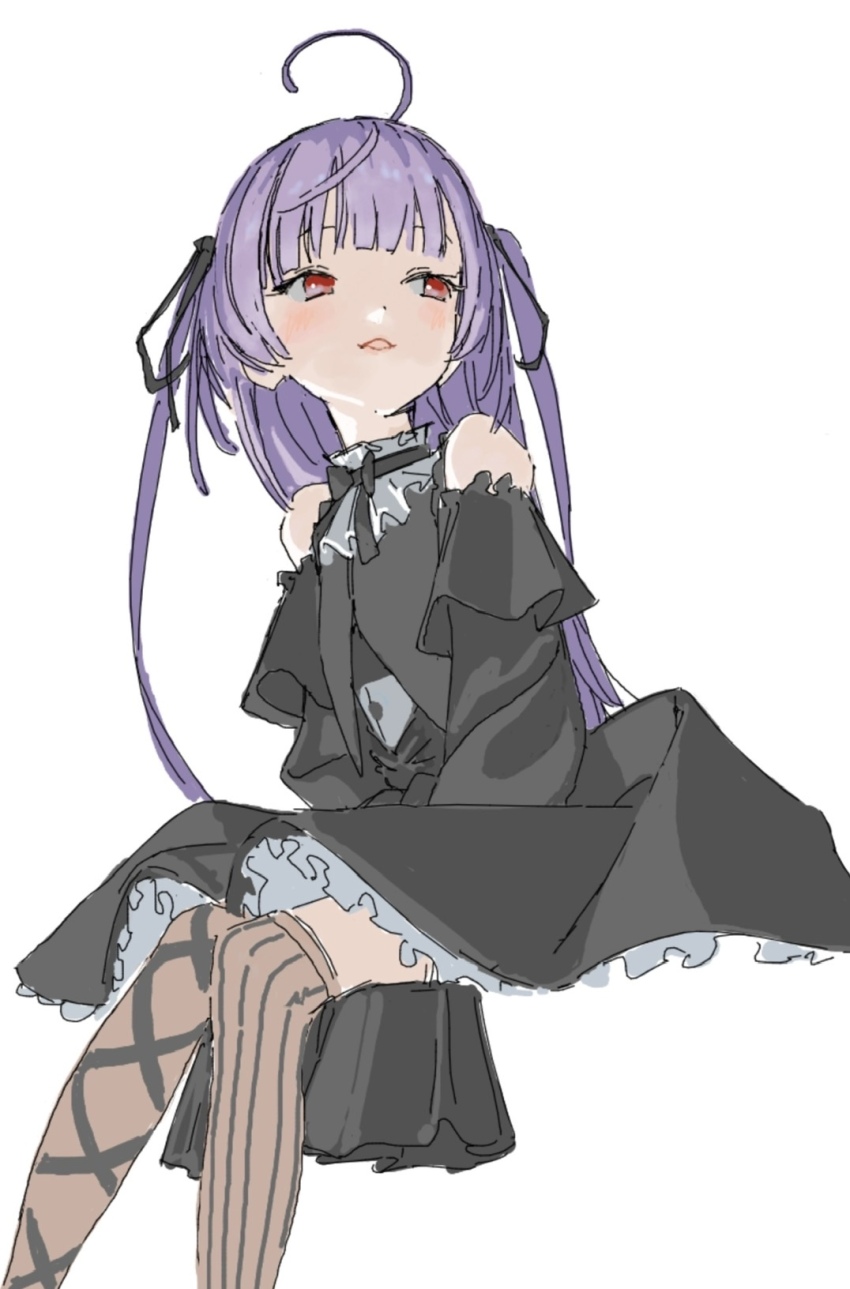 1girl, ahoge, asymmetrical_legwear, bare_shoulders, black_dress, black_ribbon, blunt_bangs, brown_thighhighs