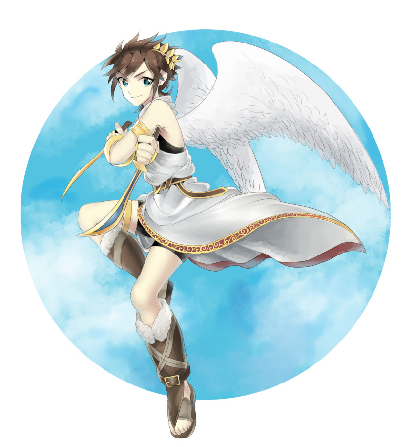 1boy, angel, angel_wings, armlet, blue_eyes, brown_hair, commentary_request, dual_wielding