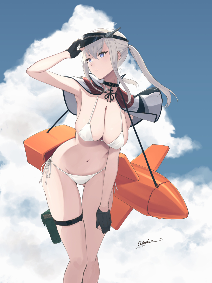 1girl, absurdres, alternate_costume, artist_name, bikini, black_choker, black_gloves, black_hat, blue_eyes, blue_sky, breasts, capelet, choker, cleavage, cloud, cloudy_sky, commentary_request, dated, feet_out_of_frame, fritz_x, gloves, gluteal_fold, graf_zeppelin_(kancolle), grey_hair, hat, highres, kantai_collection, large_breasts, leaning_forward, long_hair, navel, odachu, outdoors, partially_fingerless_gloves, side-tie_bikini_bottom, sky, solo, swimsuit, thigh_strap, twintails, visor_cap, white_bikini
