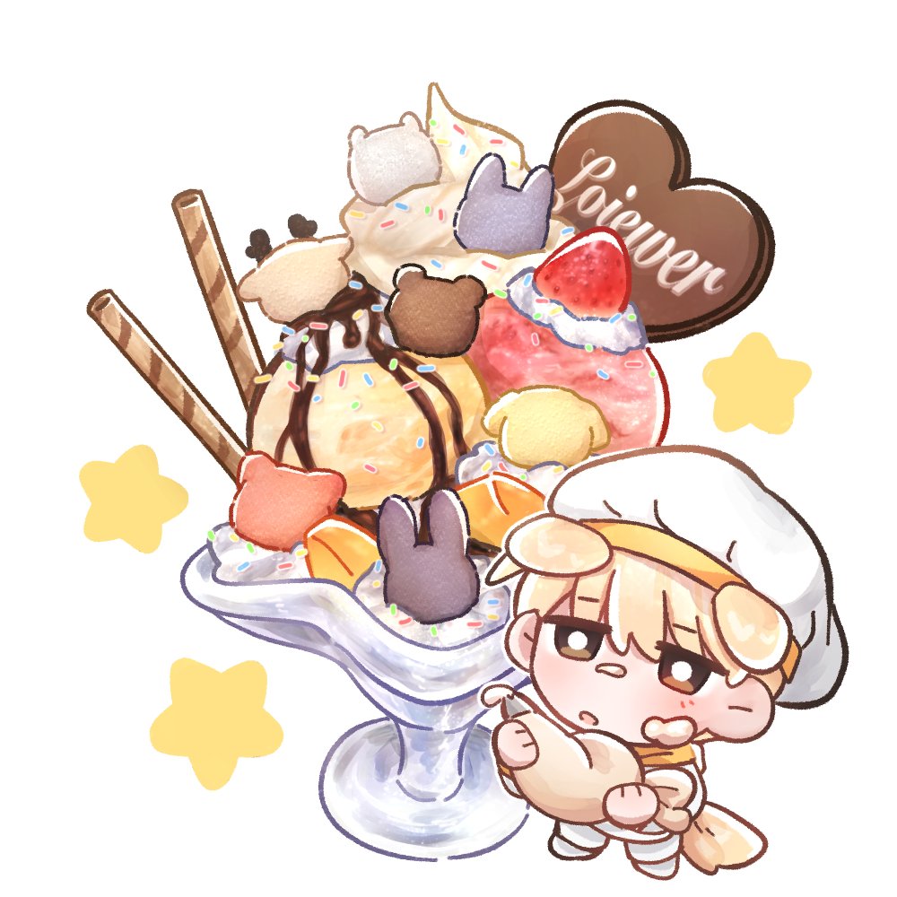 1boy, animal-themed_food, animal_ears, blonde_hair, bright_pupils, brown_eyes, character-themed_food, chibi
