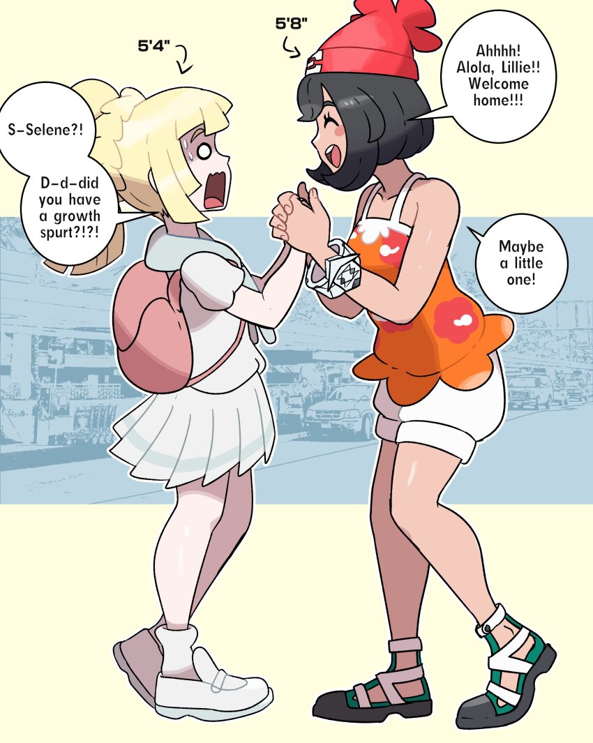 2girls, absurdres, backpack, bag, beanie, black_hair, blonde_hair, blush_stickers, car, cityscape, commentary, english_commentary, english_text, floral_print, happy, hat, highres, juno_son, lillie_(pokemon), loafers, motor_vehicle, multiple_girls, nintendo, orange_tank_top, pokemon, pokemon_sun_and_moon, pokemon_ultra_sun_and_ultra_moon, ponytail, pumpkin_shorts, sailor_collar, school_uniform, selene_(pokemon), serafuku, shirt, shoes, short_hair, shorts, size_difference, smile, surprised, tank_top, white_shirt, white_shorts, z-ring