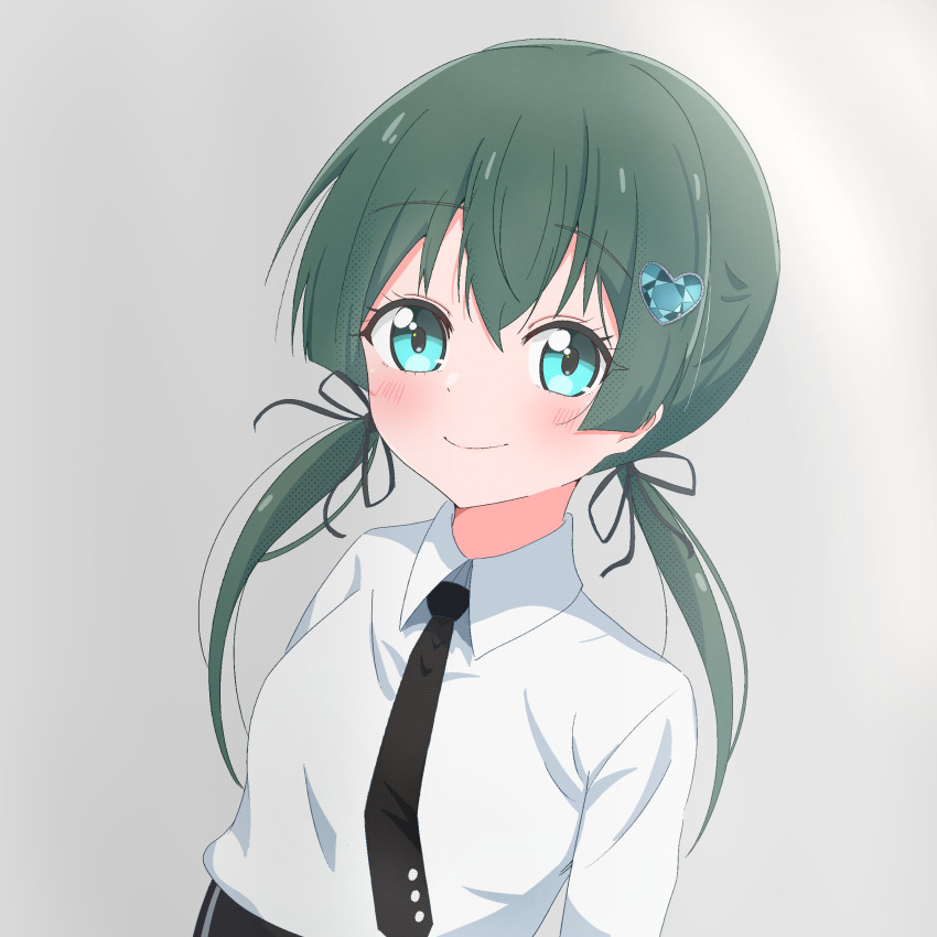 1girl, black_necktie, black_ribbon, black_skirt, blue_eyes, blush, closed_mouth, collared_shirt, commentary, dot_nose, dutch_angle, green_hair, grey_background, hair_between_eyes, hair_ornament, hair_ribbon, heart, heart_hair_ornament, high-waist_skirt, highres, idoly_pride, kon_wel72, long_sleeves, looking_at_viewer, low_twintails, necktie, okuyama_sumire, ribbon, shirt, shirt_tucked_in, sidelocks, simple_background, skirt, smile, solo, twintails, upper_body, white_shirt