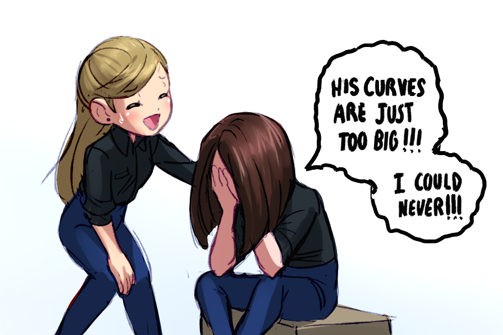 2girls, black_shirt, blonde_hair, blue_pants, brown_hair, carless_(ppanic), closed_eyes, english_text, hands_on_own_face, long_hair, looking_at_another, multiple_girls, muscle_envy, open_mouth, pants, samsung, samsung_sam, shirt, short_hair, simple_background, sitting, smile, white_background