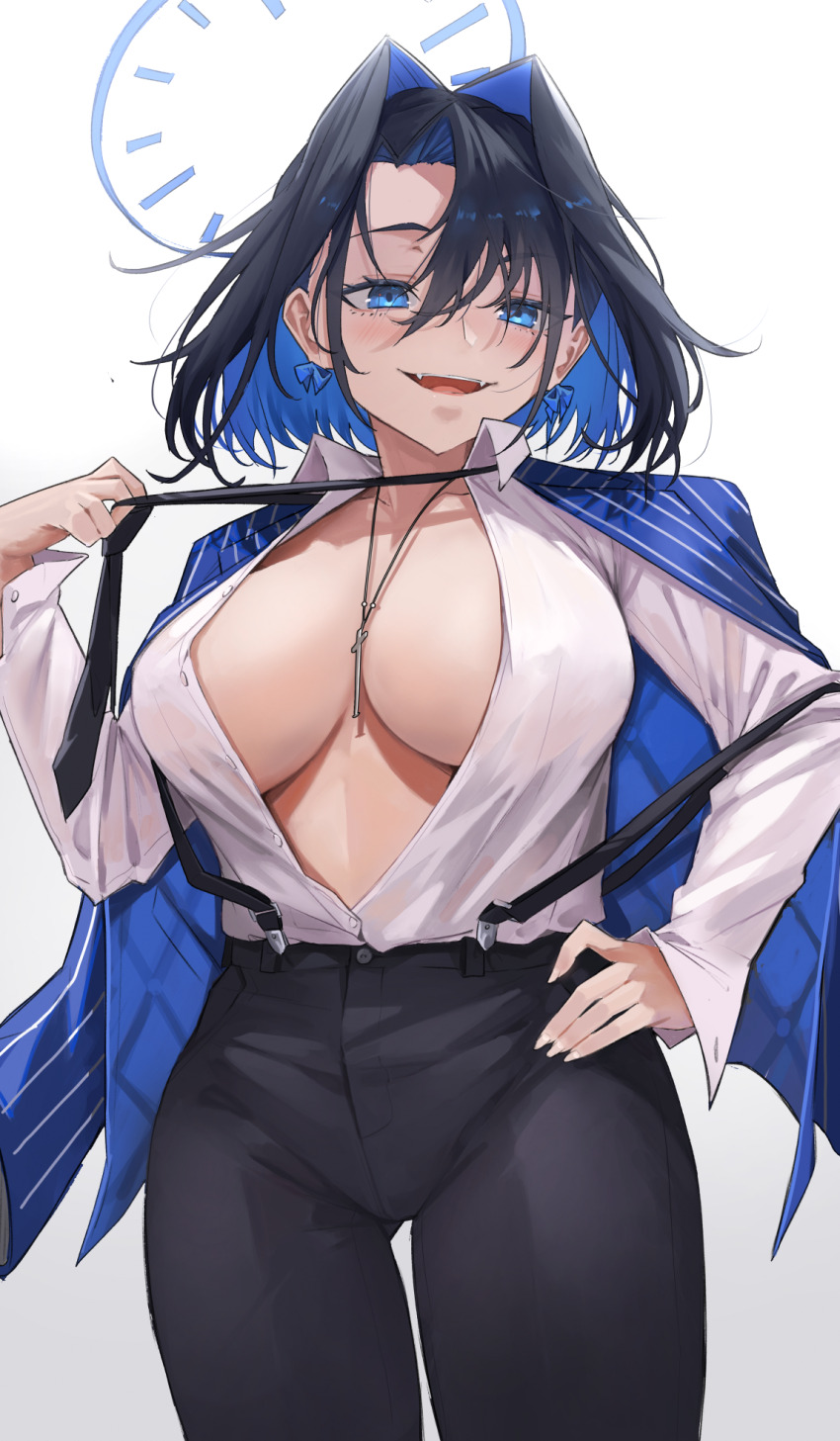 1girl, archinoer, black_hair, blue_eyes, blue_hair, blush, bow, bow_earrings, breasts, colored_inner_hair, earrings, hair_intakes, halo, highres, hololive, hololive_english, jewelry, large_breasts, looking_at_viewer, mafia_(vocaloid), mechanical_halo, multicolored_hair, open_clothes, open_mouth, ouro_kronii, ribbon_earrings, short_hair, smile, solo, virtual_youtuber