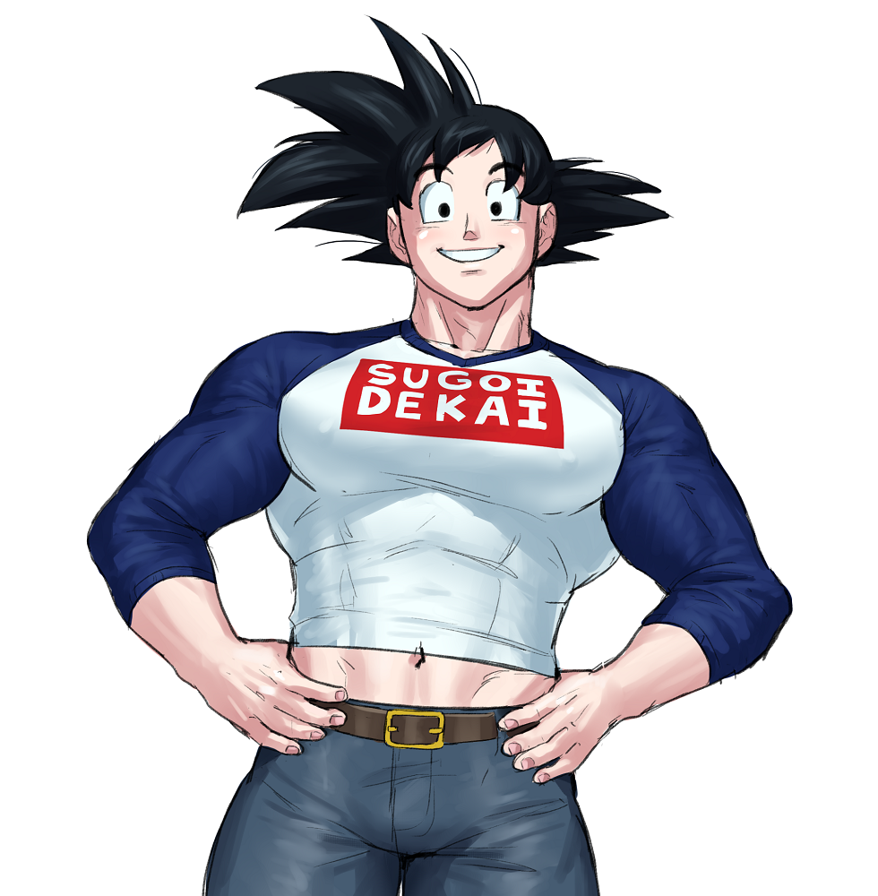 1boy, belt, black_hair, black_pants, blue_shirt, brown_belt, bulge, carless_(ppanic)