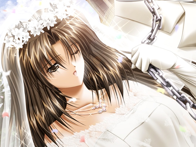 1girl, bdsm, bondage, bound, bridal_veil, bride, brown_eyes, brown_hair, chain, couple, dress, dutch_angle, female_focus, femdom, flower, game_cg, gloves, groom, head_wreath, hetero, jewelry, leash, long_hair, looking_at_viewer, necklace, one_eye_closed, open_mouth, petals, riddle_soft, smile, solo, solo_focus, takaaki, veil, virgin_bride, wedding_dress, when_you_see_it, white_gloves, wink