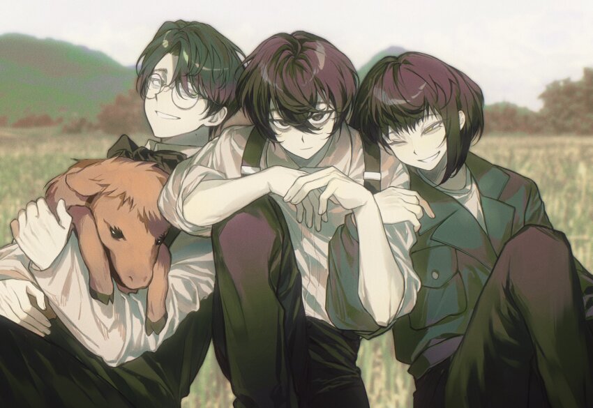 1girl, 2boys, anzekeye, baby_animal, black_bow, black_bowtie, black_eyes, black_hair