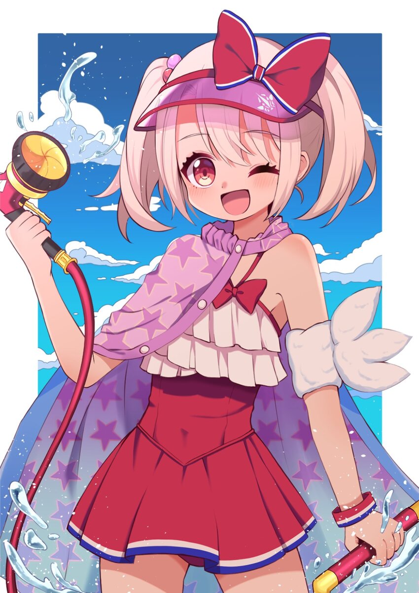 1girl, ;d, bare_shoulders, blonde_hair, blue_sky, blush, bow, cloud