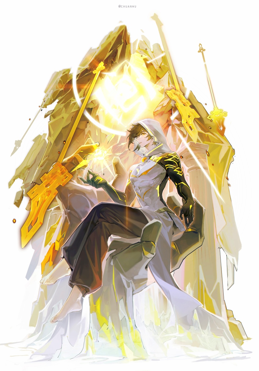 1boy, absurdres, genshin_impact, highres, levittank, looking_at_viewer, looking_down, solo_focus, spears, zhongli_(archon)_(genshin_impact), zhongli_(genshin_impact)