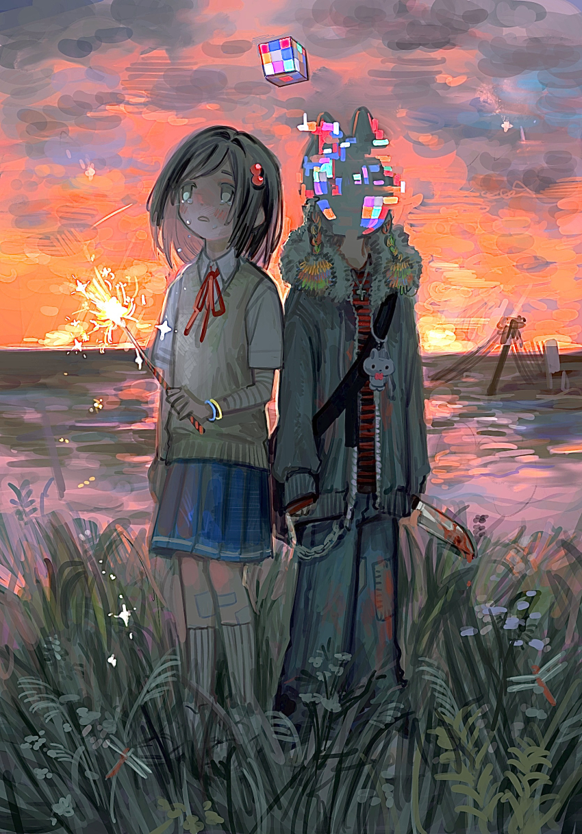 1girl, 1other, ambiguous_gender, animal_ears, bandage_on_leg, bandaged_arm, bandages, black_hair, blood, bloody_weapon, blue_skirt, blush, bracelet, bug, cloud, cloudy_sky, commentary_request, cross, cross_necklace, crying, crying_with_eyes_open, cube, denim, dragonfly, fireworks, frown, full_body, fur-trimmed_jacket, fur_trim, glitch, glowstick, grass, grey_eyes, grey_jacket, hair_bobbles, hair_ornament, highres, holding, holding_fireworks, holding_knife, horizon, insect, jacket, jeans, jewelry, john_end, kitchen_knife, kneehighs, knife, long_sleeves, looking_up, neck_ribbon, necklace, open_clothes, open_jacket, open_mouth, original, outdoors, pants, partially_immersed, patchwork_clothes, pleated_skirt, red_ribbon, red_shirt, ribbed_socks, ribbon, school_uniform, shirt, shoes, short_sleeves, shoulder_strap, side-by-side, skirt, sky, sneakers, socks, sparkler, standing, striped_clothes, striped_shirt, sunset, sweater_vest, tall_grass, tears, utility_pole, water, weapon, white_socks, yellow_sweater_vest