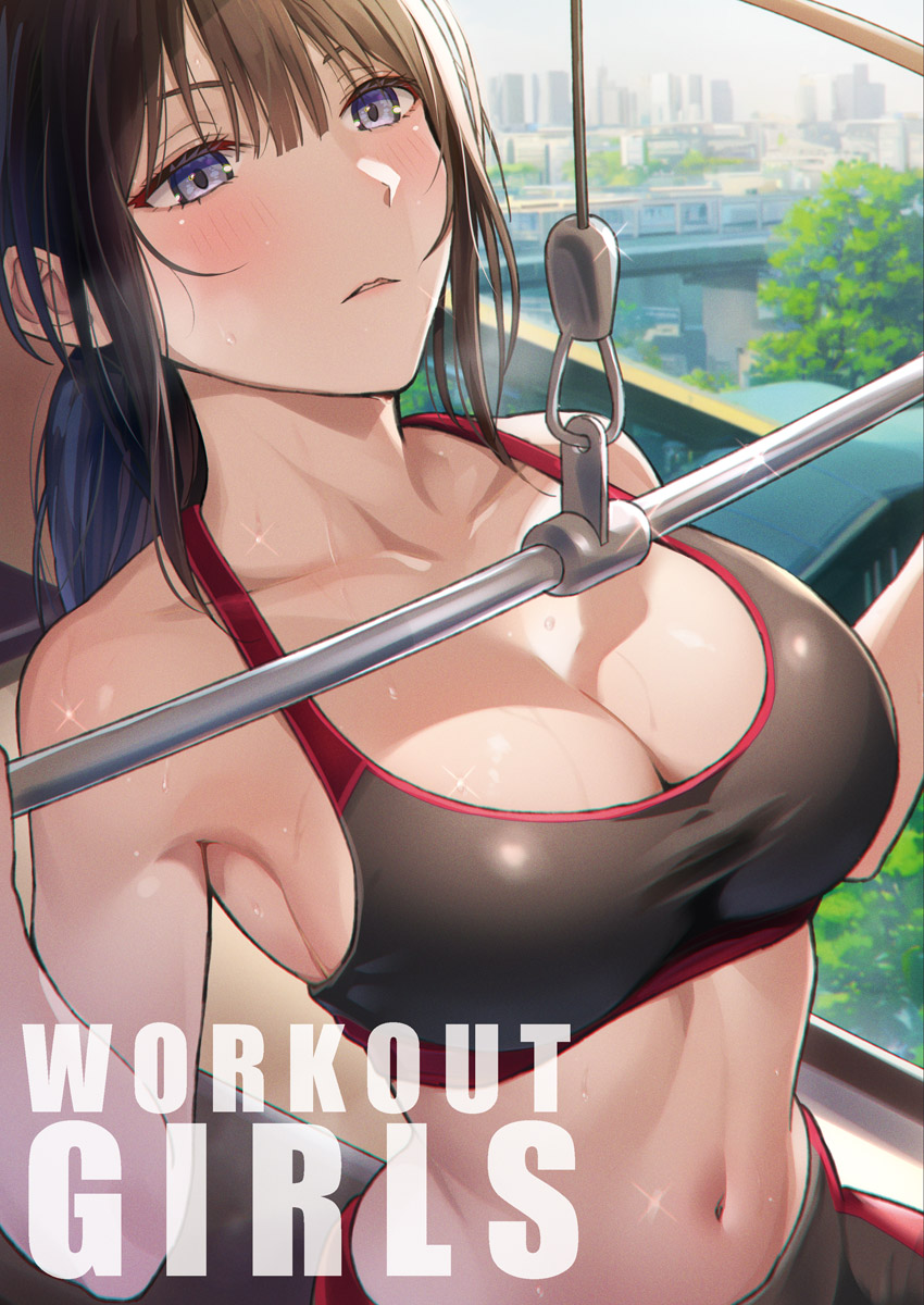 1girl, armpits, barefoot, black_hair, blue_eyes, blush, breasts, city