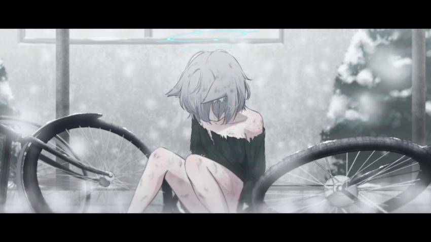 1girl, aged_down, amnesia, animal_ear_fluff, animal_ears, bicycle, black_shirt, blue_archive