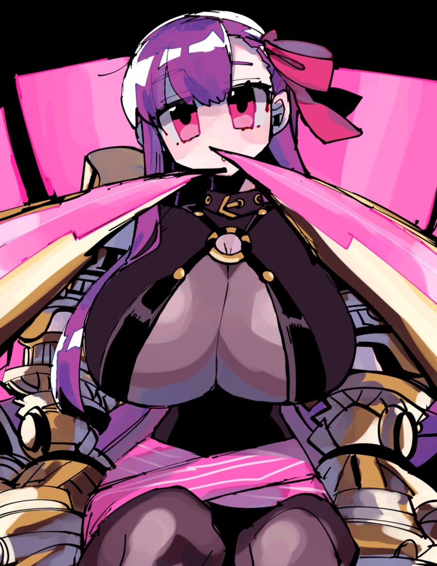 1girl, breasts, claws, cleavage, fate/extra, fate/extra_ccc, fate_(series), hair_ribbon, highres, huge_breasts, long_hair, looking_at_viewer, o-ring, o-ring_top, passionlip_(fate), pink_eyes, pink_ribbon, purple_hair, ribbon, sitting, solo, uotsu_(sabakou)