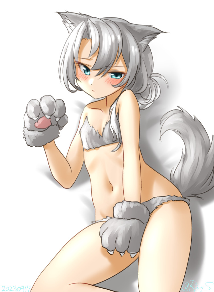 1girl, alternate_costume, animal_ears, animal_hands, asymmetrical_hair, bikini, claws, feet_out_of_frame
