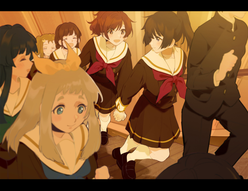 1boy, 6+girls, :d, ^_^, aqua_eyes, black_hair, black_pants, blue_neckerchief