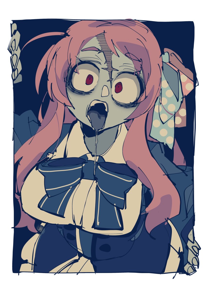 1girl, absurdres, bags_under_eyes, blue_bow, bow, breasts, colored_skin, grey_skin