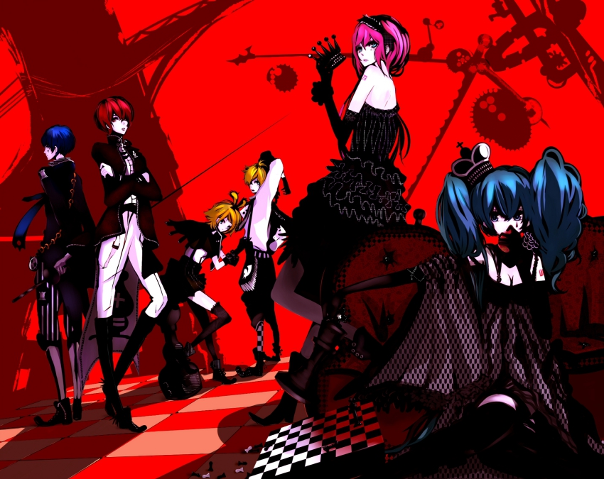 2boys, 4girls, blonde_hair, blue_hair, hatsune_miku, highres, kagamine_len, kagamine_rin