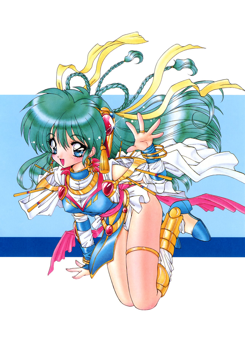 1990s_(style), 1girl, blue_eyes, bracelet, braid, can_can_bunny, can_can_bunny_extra, detached_sleeves, earrings, full_body, glint, green_hair, hair_ribbon, highres, jewelry, long_hair, lots_of_jewelry, non-web_source, official_art, open_mouth, pelvic_curtain, ramiya_ryou, retro_artstyle, ribbon, ring, solo, swatty_(can_can_bunny), thighlet