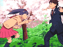 00s, 1boy, 1girl, animated, animated_gif, anime_screenshot, asymmetrical_hair, battle, fighting, fighting_stance, gokujou_seitokai, izumi_kaori, kicking, lowres, one_eye_closed, pleated_skirt, punching, school_uniform, serafuku, side_ponytail, skirt, smile, wink, winking_(animated)