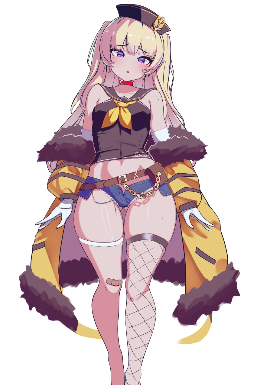 1girl, absurdres, azur_lane, bache_(azur_lane), bandaid, bandaid_on_leg, bare_shoulders, belt, black_hat, black_sailor_collar, black_shirt, blonde_hair, blush, breasts, choker, collarbone, denim, denim_shorts, elbow_gloves, feet_out_of_frame, fishnet_thighhighs, fishnets, gloves, hat, highres, jacket, long_hair, looking_at_viewer, midriff, navel, neckerchief, off-shoulder_jacket, off_shoulder, parted_lips, purple_eyes, red_choker, red_lips, sailor_collar, sailor_hat, shirt, short_shorts, shorts, single_thighhigh, small_breasts, solo, stomach, sundance0218, thick_thighs, thighhighs, thighs, two_side_up, white_gloves, yellow_jacket, yellow_neckerchief