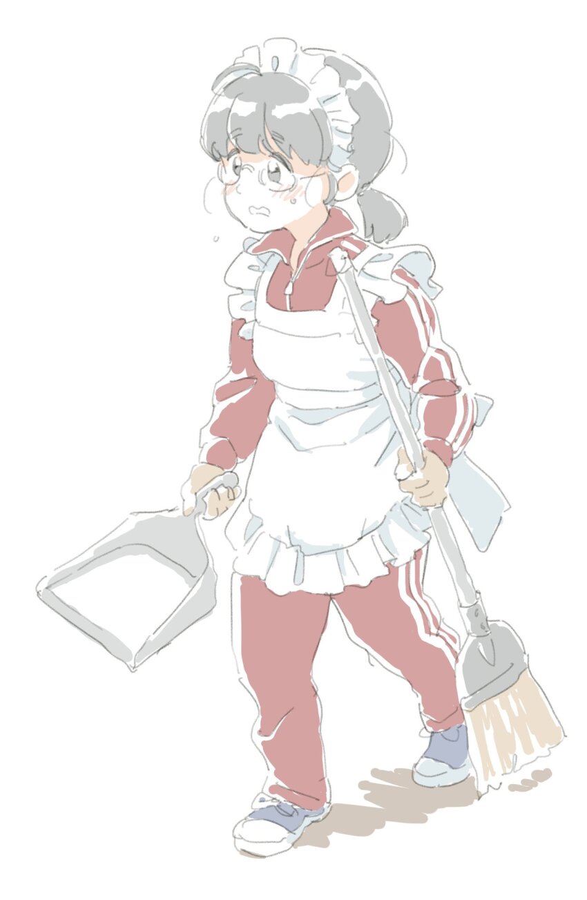 1girl, apron, black_hair, blush, broom, cleaning, dustpan, embarrassed