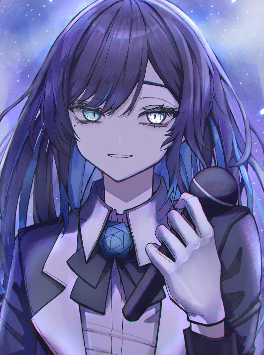 1girl, absurdres, ado_(utaite), black_bow, black_bowtie, black_hair, black_jacket, blue_eyes