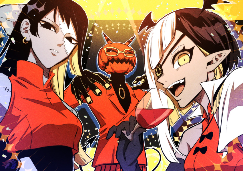 1other, 2girls, ado_(utaite), black_eyes, black_gloves, black_hair, blonde_hair, carpenter_(ado)