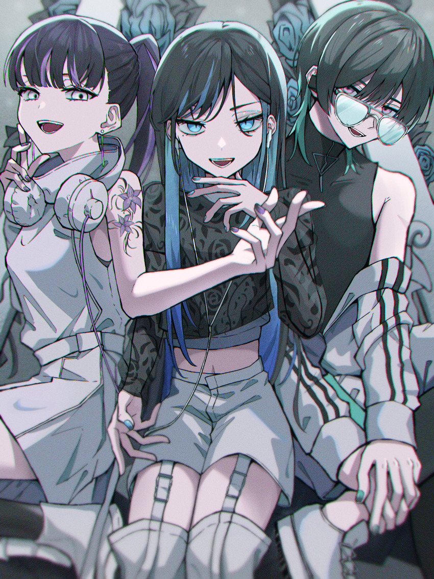 1boy, 2girls, absurdres, ado_(utaite), aqua_nails, arm_tattoo, black_hair, black_shirt