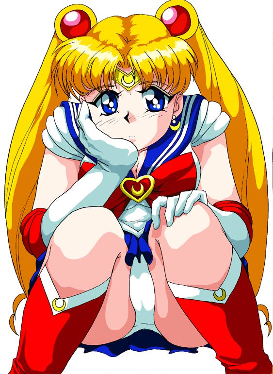 1990s_(style), 1girl, bishoujo_senshi_sailor_moon, blonde_hair, blue_eyes, blue_skirt, blush, boots, bow, breasts, brooch, cleavage, collarbone, crescent, crescent_earrings, double_bun, earrings, eyeball_(artist), hair_bun, hair_ornament, hand_on_own_knee, head_rest, heart, heart_brooch, jewelry, leotard, long_hair, looking_at_viewer, magical_girl, medium_breasts, red_boots, red_bow, retro_artstyle, sailor_moon, sailor_senshi, sailor_senshi_uniform, skirt, squatting, tiara, transformation_brooch_(sailor_moon), tsukino_usagi, twintails, white_background, white_leotard