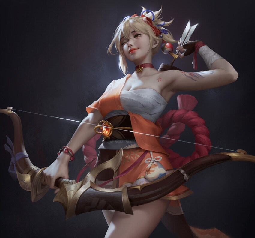 absurdres, arm_tattoo, arm_up, armpits, arrow_(projectile), bandaged_arm, bandages, bow_(weapon), butterfly_choker, chest_sarashi, chest_tattoo, choker, cranny91, fingerless_gloves, fireworks, fish_tattoo, flower_tattoo, genshin_impact, gloves, hadanugi_dousa, hamayumi_(genshin_impact), highres, holding, holding_arrow, holding_bow_(weapon), holding_weapon, japanese_clothes, kimono, one_eye_closed, open_clothes, open_kimono, orange_kimono, red_choker, rope, sarashi, shimenawa, single_fingerless_glove, sparkler, tattoo, vision_(genshin_impact), weapon, yoimiya_(genshin_impact)
