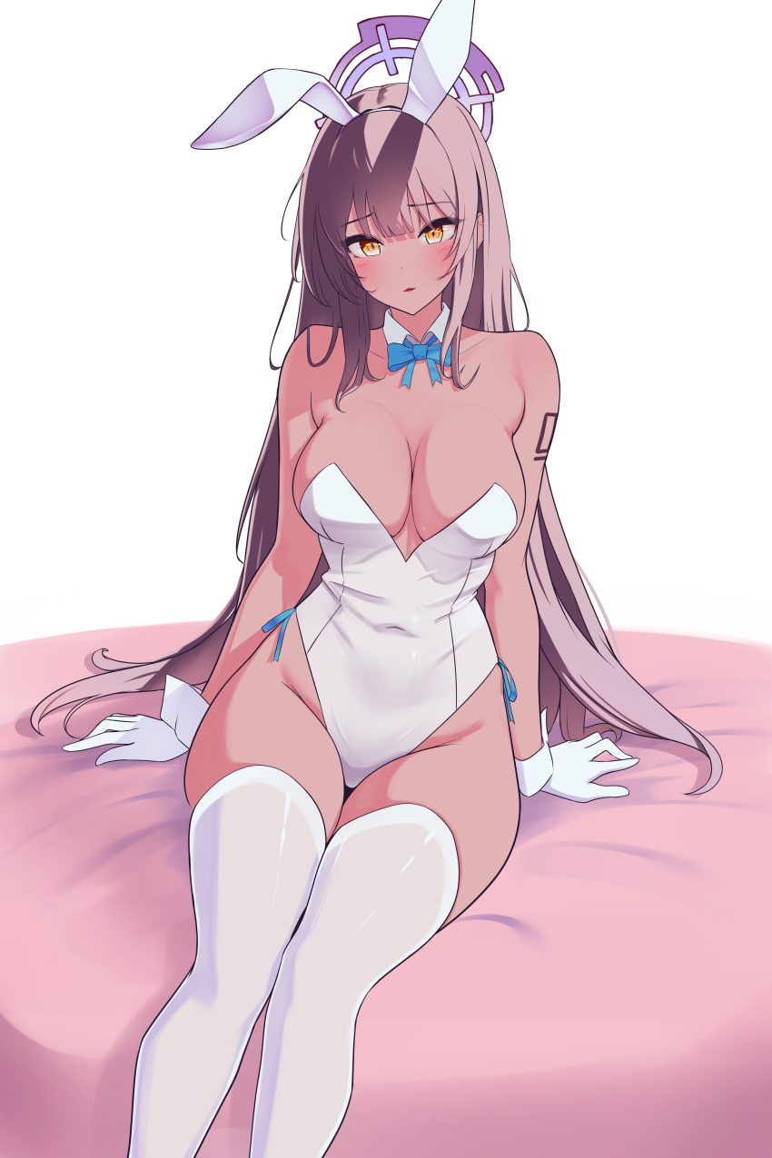 1girl, absurdres, animal_ears, arm_support, bare_shoulders, blue_archive, blue_bow, blue_bowtie