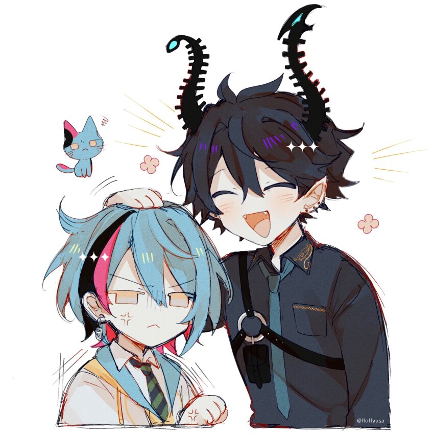 2boys, :<, :d, ^_^, anger_vein, angry, animalization, artist_name, black_hair, black_horns, black_shirt, blue_hair, blue_necktie, blush, breast_pocket, cat, closed_eyes, closed_mouth, collared_shirt, commentary, cropped_torso, diagonal-striped_clothes, diagonal-striped_necktie, drawstring, dress_shirt, earrings, english_commentary, fangs, floffyusa, flower_symbol, frown, hair_between_eyes, hand_on_another's_head, hand_up, highres, hood, hood_down, hoodie, horns, jacket, jewelry, kyo_kaneko, long_sleeves, male_focus, medium_hair, multicolored_hair, multiple_boys, multiple_earrings, necktie, nijisanji, nijisanji_en, notice_lines, o-ring, open_mouth, pink_hair, pocket, pointy_ears, ren_zotto, ren_zotto_(1st_costume), shirt, sidelocks, simple_background, single_earring, smile, streaked_hair, striped_clothes, striped_necktie, stud_earrings, twitter_username, upper_body, v-shaped_eyebrows, virtual_youtuber, white_background, white_jacket, white_shirt, wing_collar, yellow_eyes