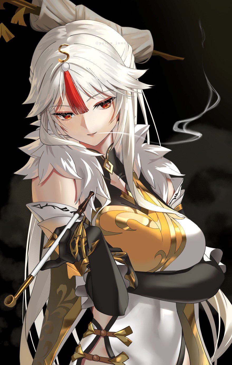 1girl, arm_under_breasts, black_gloves, breasts, china_dress, chinese_clothes, claw_ring, commentary