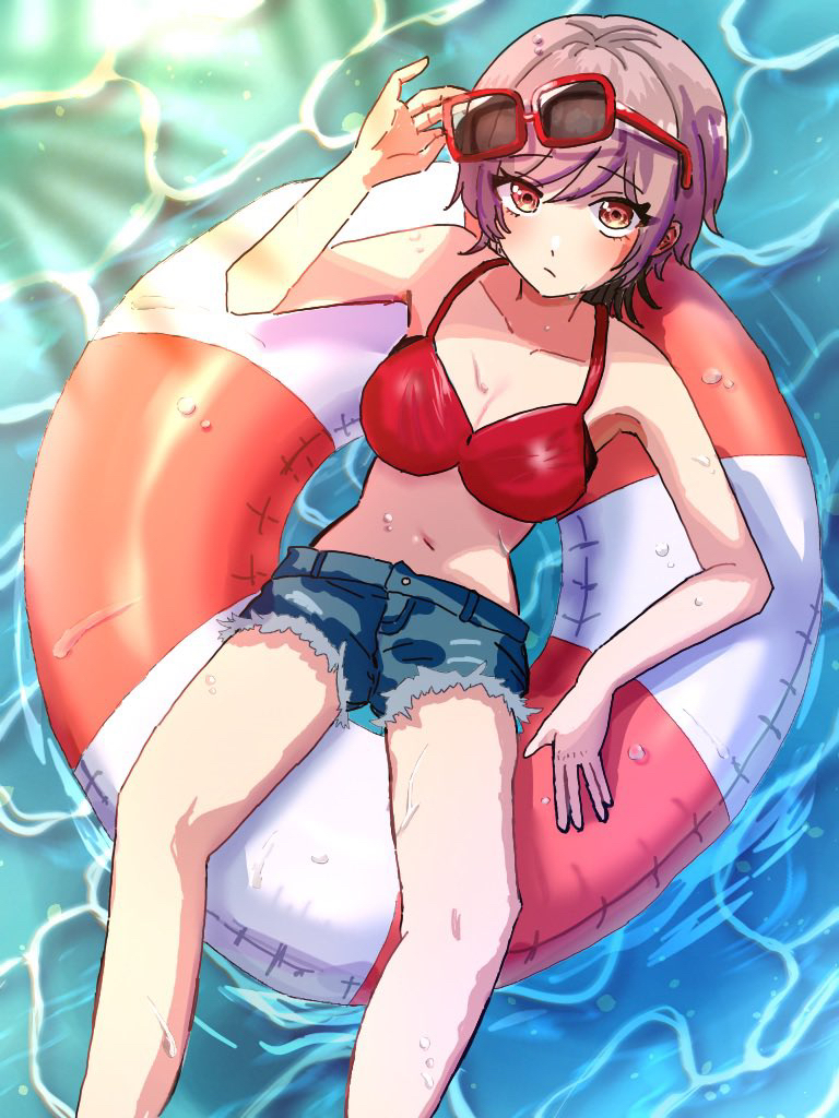 1girl, bikini, brown_hair, closed_mouth, crowtoforetell, d4dj, denim, denim_shorts
