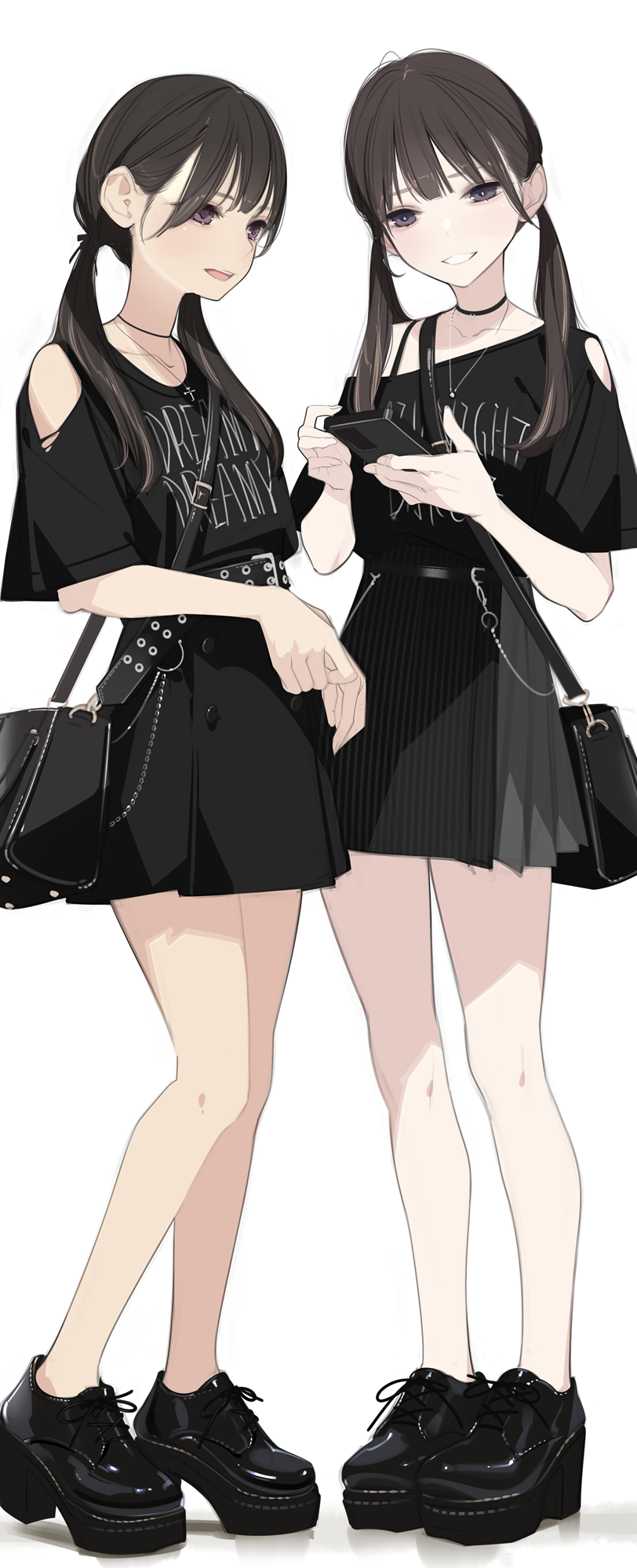 2girls, ama_mitsuki, bag, bare_legs, black_bag, black_eyes, black_footwear, black_hair, black_shirt, black_skirt, blush, boots, brown_hair, cellphone, clothes_writing, cross-laced_footwear, full_body, high_heels, highres, holding, holding_phone, jewelry, lace-up_shoes, long_hair, looking_at_phone, low_twintails, multiple_girls, necklace, open_mouth, original, phone, platform_boots, platform_footwear, platform_shoes, purple_eyes, shirt, shoes, short_sleeves, shoulder_bag, simple_background, skirt, smartphone, smile, standing, twintails, white_background
