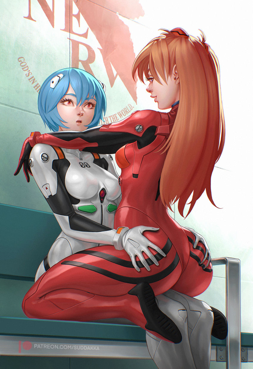 2girls, arms_around_neck, ass, ass_press, ayanami_rei, blue_eyes, blue_hair, bodysuit