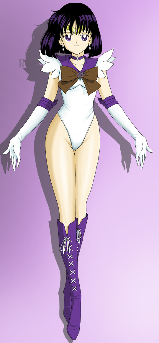 1990s_(style), 1girl, bishoujo_senshi_sailor_moon, black_hair, bob_cut, boots, bow, brooch, brown_bow, choker, collarbone, earrings, elbow_gloves, gloves, gradient_background, highleg, highleg_leotard, jewelry, knee_boots, leotard, looking_at_viewer, magical_girl, mr._r_(2ch's_sailor_moon_thread), planet_earrings, purple_background, purple_boots, purple_eyes, retro_artstyle, sailor_saturn, sailor_senshi, sailor_senshi_uniform, short_hair, smile, standing, star_(symbol), star_brooch, star_choker, super_sailor_saturn, tiara, tomoe_hotaru, white_gloves, white_leotard
