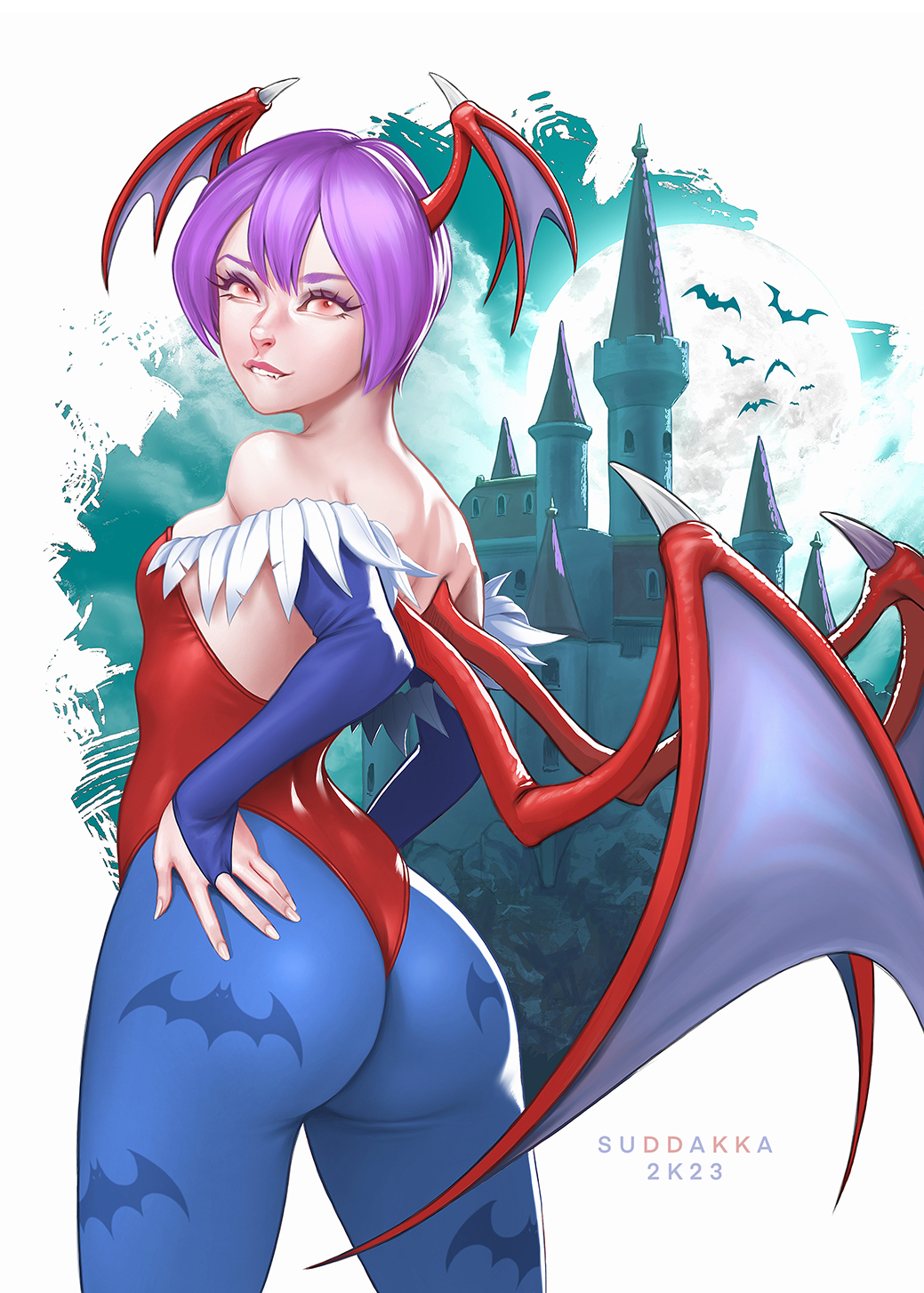1girl, ass, biting_own_lip, castle, demon_wings, flat_chest, head_wings, highres