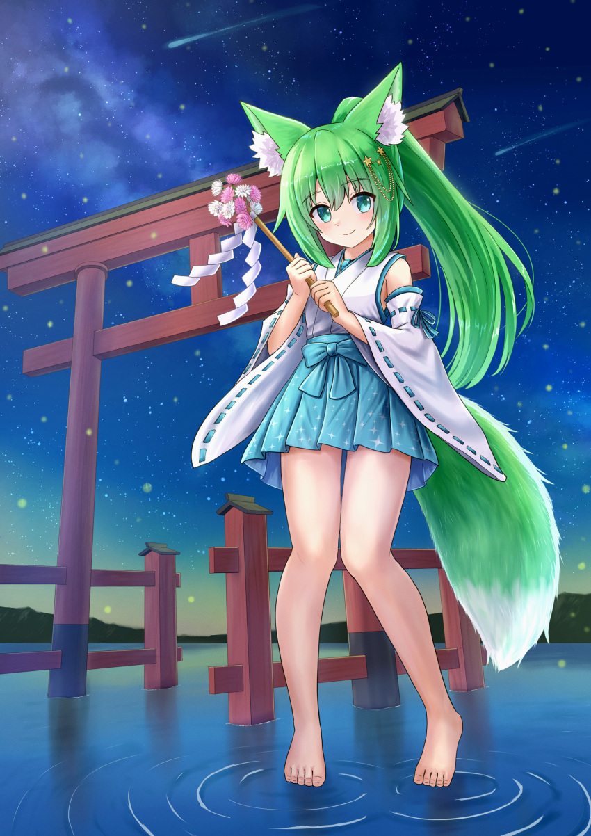 1girl, absurdres, animal_ear_fluff, animal_ears, bare_shoulders, barefoot, blue_eyes, blue_hakama, closed_mouth, commission, detached_sleeves, falling_star, flower, fox_ears, fox_girl, fox_tail, gohei, green_hair, hair_ornament, hakama, hakama_short_skirt, hakama_skirt, high_ponytail, highres, holding, holding_stick, iroha_(iroha_matsurika), japanese_clothes, kimono, long_hair, long_sleeves, miko, night, original, outdoors, pink_flower, pixiv_commission, ponytail, purple_flower, ribbon-trimmed_sleeves, ribbon_trim, ripples, ryoubu_torii, shooting_star, skirt, sky, sleeveless, sleeveless_kimono, smile, solo, star_(sky), star_(symbol), star_hair_ornament, starry_sky, stick, tail, torii, very_long_hair, water, white_flower, white_kimono, white_sleeves, wide_sleeves