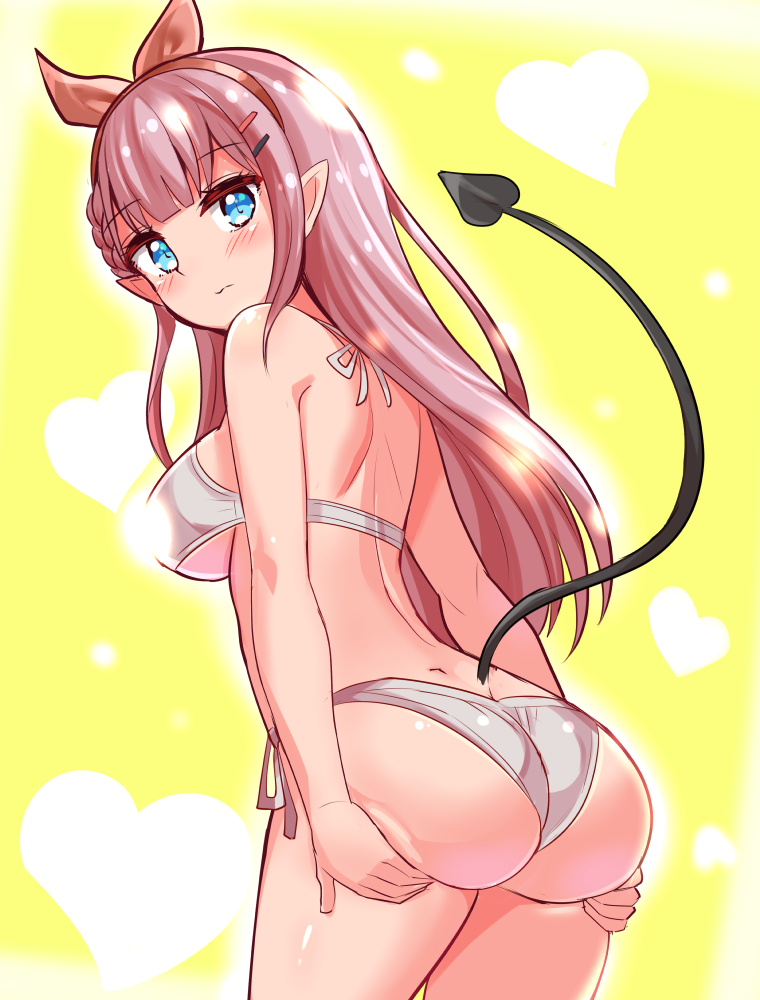 1girl, ass, ass_focus, ass_grab, ass_support, bare_shoulders, blue_eyes, blush, bra, breasts, cougar_(cougar1404), deep_skin, demon_girl, demon_tail, from_behind, huge_ass, large_breasts, long_hair, looking_at_viewer, panties, pink_hair, pointy_ears, production_kawaii, reina_sun_(vtuber), sideboob, smile, solo, tail, underwear, virtual_youtuber, wedgie