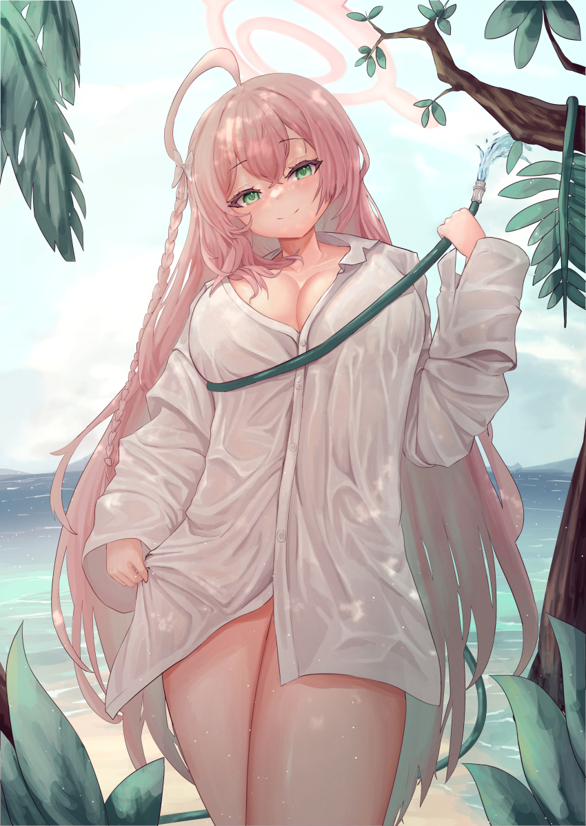 1girl, absurdres, blue_archive, breasts, cleavage, green_eyes, hanako_(blue_archive), hanako_(swimsuit)_(blue_archive)