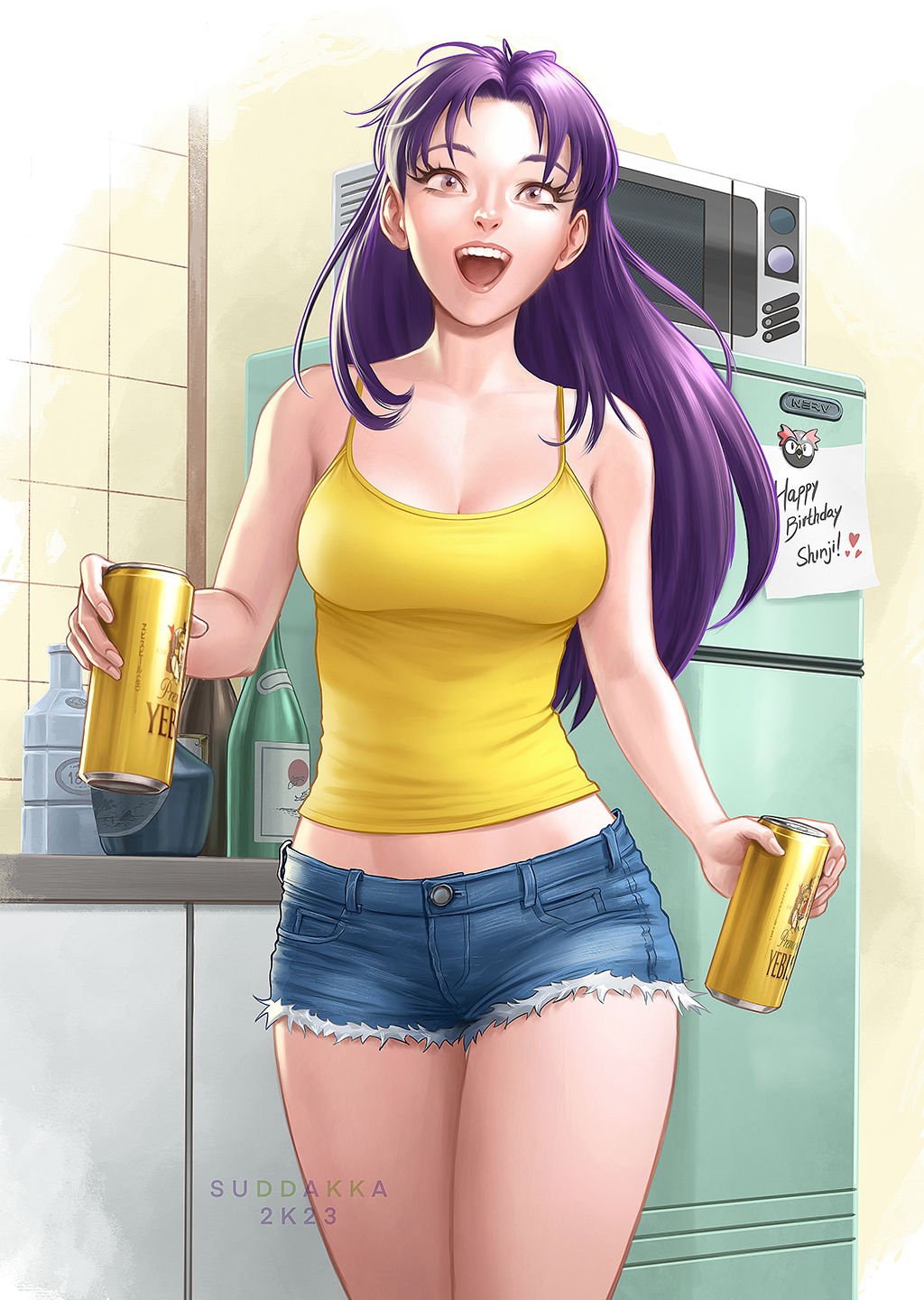 1girl, 2023, artist_name, beer_can, breasts, can, denim, denim_shorts