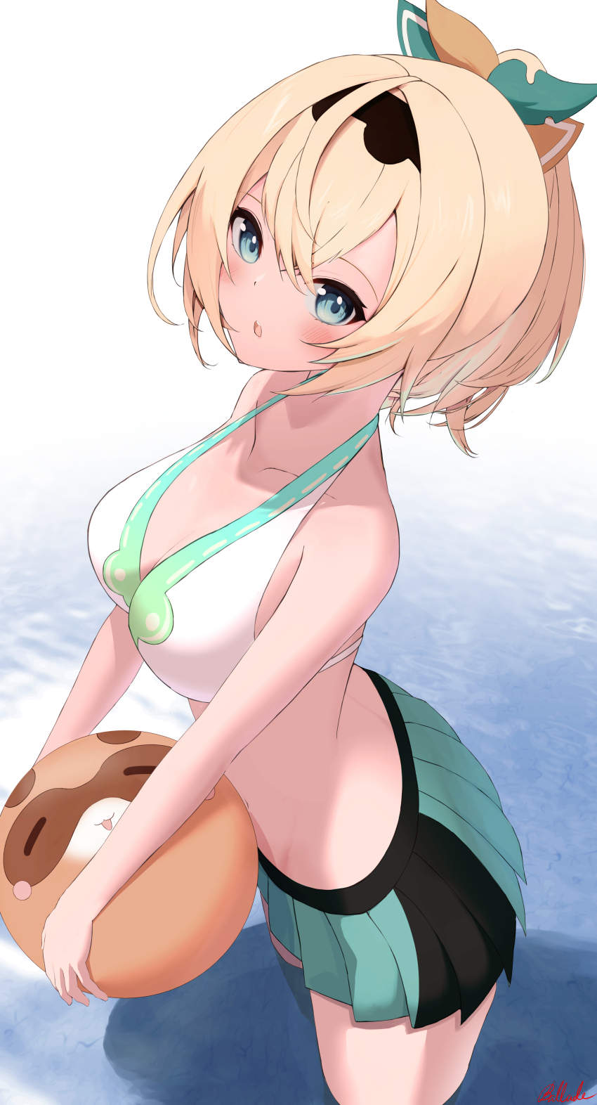 1girl, absurdres, bare_shoulders, bizusuhatu123, black_skirt, blonde_hair, blue_eyes, bra