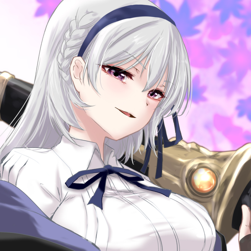 1girl, amatsu_marei, arm_at_side, assault_lily, black_jacket, blue_hairband, blue_ribbon, braid, breasts, collared_shirt, commentary, gradient_background, grey_hair, hair_between_eyes, hair_ribbon, hairband, hand_up, highres, holding, holding_sword, holding_weapon, jacket, large_breasts, leaf, leaf_background, looking_at_viewer, neck_ribbon, off_shoulder, open_clothes, open_jacket, over_shoulder, parted_lips, purple_background, purple_eyes, ribbon, shirt, side_braid, smile, solo, sword, sword_over_shoulder, upper_body, urutsu_sahari, weapon, weapon_over_shoulder, white_shirt