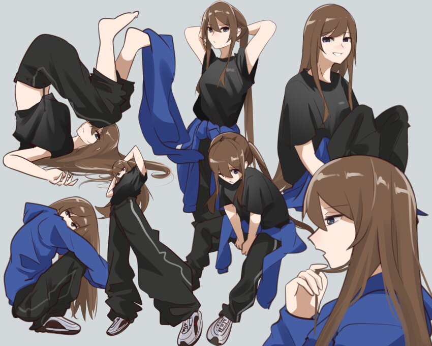 1girl, air_max, air_max_97, arms_behind_head, asamiya_mariko_(holeecrab), barefoot, black_pants, black_shirt, blue_eyes, blue_hoodie, brown_hair, clothes_around_waist, commentary, english_commentary, floating_hair, foreshortening, from_below, hair_behind_ear, highres, holding, holding_own_hair, holeecrab, hood, hood_down, hoodie, long_hair, midriff_peek, multiple_views, nike_(company), open_mouth, original, pants, parted_lips, ponytail, shirt, shoes, sitting, smile, sneakers, squatting, sweater, sweater_around_waist, upside-down, very_long_hair