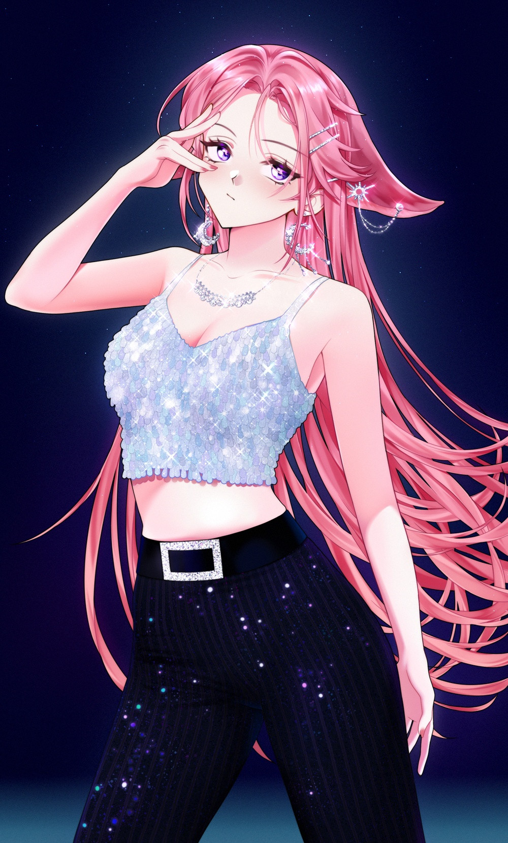 1girl, alternate_costume, alternate_hairstyle, animal_ears, bare_arms, belt, black_belt, black_pants, breasts, closed_mouth, collarbone, commentary, cowboy_shot, crescent, crescent_earrings, earrings, english_commentary, fox_ears, genshin_impact, gfriend, glitter, hair_ornament, hairclip, hand_on_own_face, highres, jewelry, long_hair, lyusiola, medium_breasts, midriff, necklace, pants, pink_hair, pink_nails, purple_eyes, sideways_glance, solo, standing, tank_top, very_long_hair, white_tank_top, yae_miko