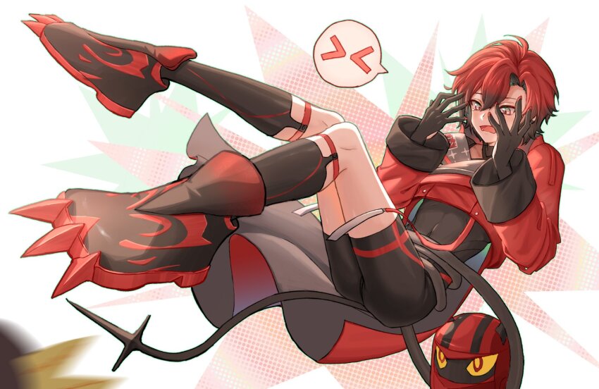 >_<, 1boy, androgynous, ass, axelotl_(axel_syrios), black_gloves, black_hair, black_socks, blush, bodysuit, clawed_boots, covering_face, cropped_jacket, embarrassed, foreshortening, full_body, gloves, holostars, holostars_english, kneehighs, legs_up, lifting_another's_clothes, machina_x_flayon, male_focus, mascot, motion_blur, open_mouth, red_hair, short_hair, simple_background, skin_tight, socks, solo_focus, speech_bubble, tail, tearing_up, trap, virtual_youtuber, wuji_g