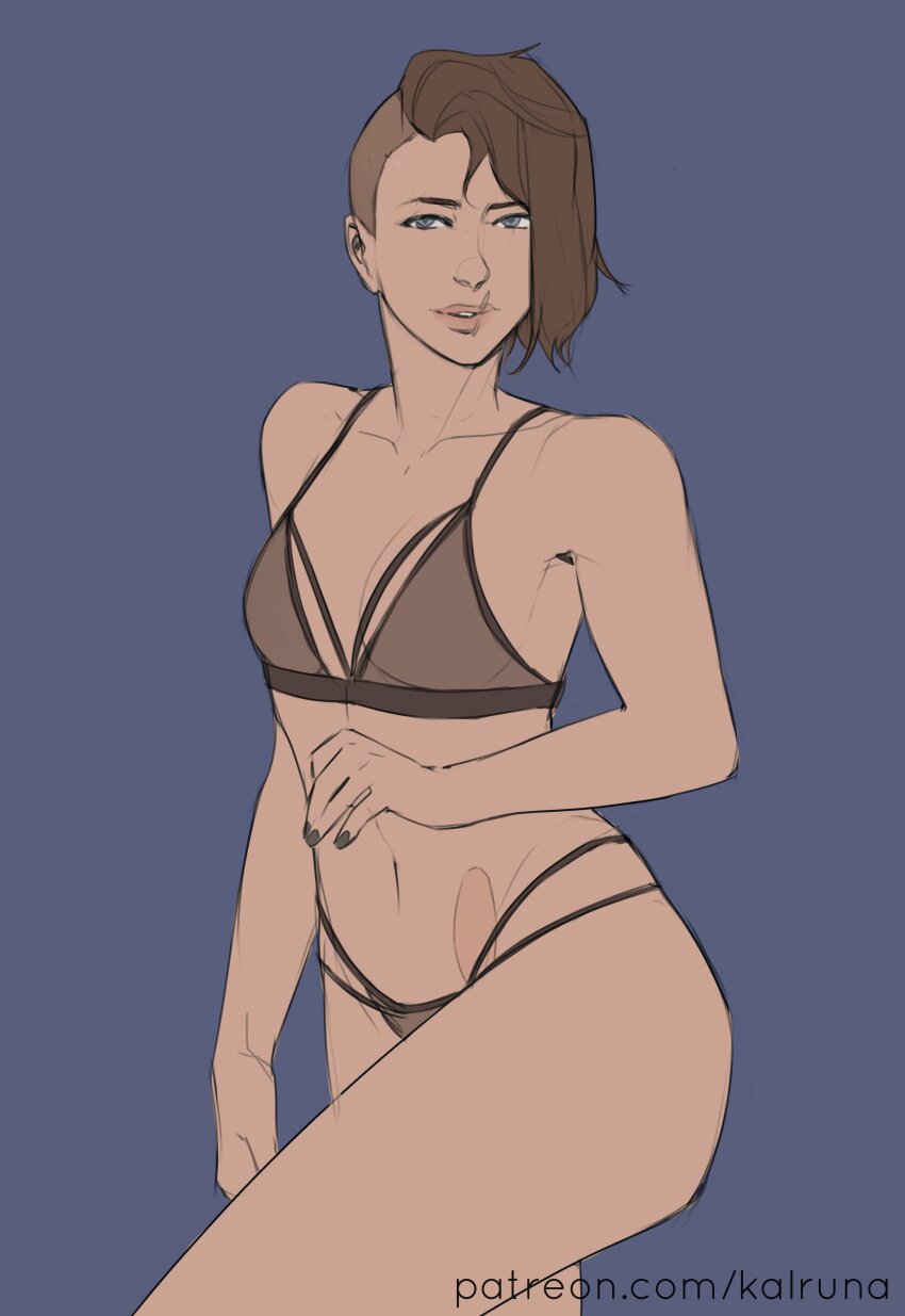 1girl, absurdres, black_bra, black_panties, bra, brown_hair, highres, kalruna