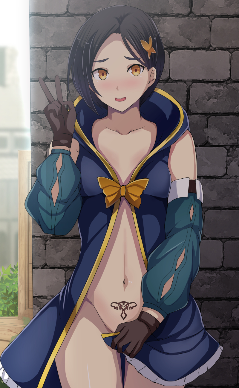 1girl, black_hair, blush, breasts, brick_wall, cape, collarbone, daiaru, female_focus, gloves, highres, looking_at_viewer, medium_breasts, navel, pubic_tattoo, rinwell_(tales), short_hair, smile, solo, standing, tales_of_(series), tales_of_arise, tattoo, v, wall, yellow_eyes